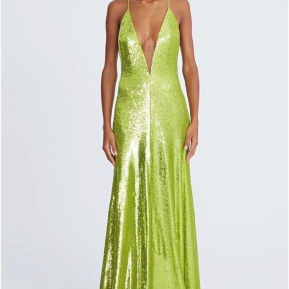Halston Dresses & Skirts - Halston Neon Kiara Green Sequin Deep V-Neck Slip Gown Floor Length Dress Size 10